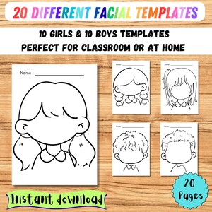 May include: Printable facial templates for children, with 20 different designs for girls and boys. The image shows a large template and several smaller examples, with the text "20 DIFFERENT FACIAL TEMPLATES" and "Instant download".