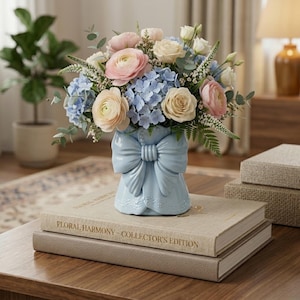 May include: A light blue ceramic vase shaped like a bow, filled with a bouquet of pink, cream, and blue flowers. The vase sits atop a stack of books with the title "Floral Harmony - Collector's Edition".