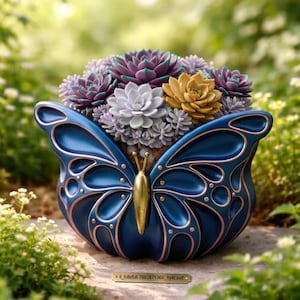 May include: A dark blue butterfly-shaped planter with gold-toned trim and a central gold-toned butterfly body. The planter is filled with a variety of succulents in shades of purple, light gray, and yellow, creating a dense, rounded arrangement.