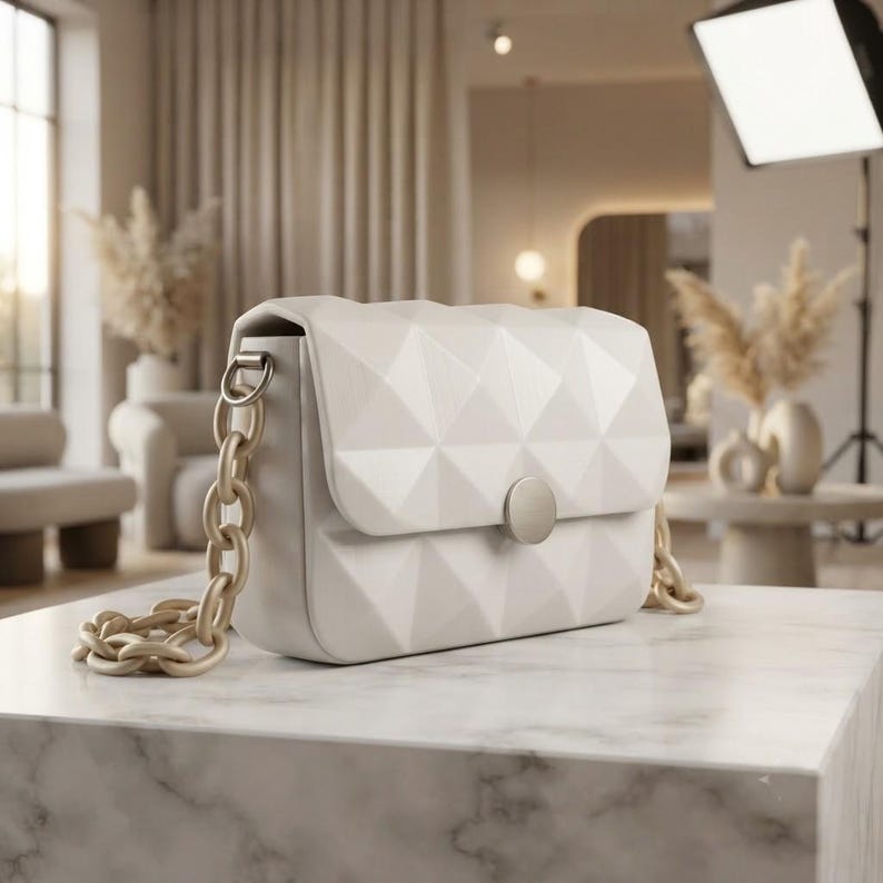 Puede incluir: Un bolso de hombro blanco con una textura acolchada geom&eacute;trica de rombos en la solapa frontal. El bolso incluye una correa de cadena gruesa de color beige unida a herrajes plateados y un cierre magn&eacute;tico circular de color plateado.