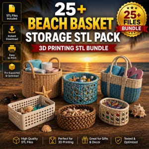 Op de afbeelding: Een digitaal pakket met 25+ strandmand STL-bestanden voor 3D-printen. De afbeelding toont diverse gevlochten manden in beige en blauw, sommige gevuld met schelpen, zeesterren en kleine voorwerpen tegen een achtergrond van een strand bij zonsondergang.