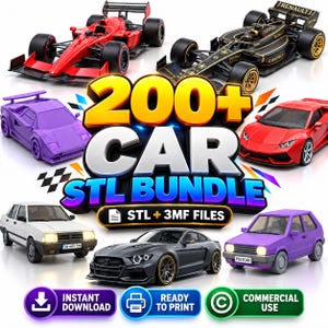 May include: A digital collection of 200+ car STL and 3MF files for 3D printing, featuring various vehicle models including red and black Formula 1 race cars, a purple sports car, a red supercar, a white sedan, a black coupe, and a purple hatchback.