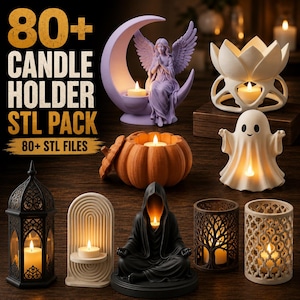 Paquete de más de 80 portavelas en formato STL, archivo para impresora 3D, portavelas para velas pequeñas, faroles, decoración de Halloween y hogar (descarga digital).