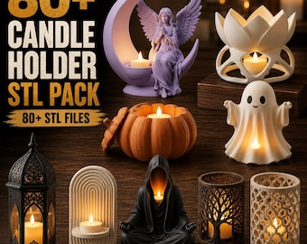 80+ Candle Holder STL Pack, 3D Printer Files Bundle, Printable Tealight Holder, Lantern, Halloween & Home Decor Digital Download