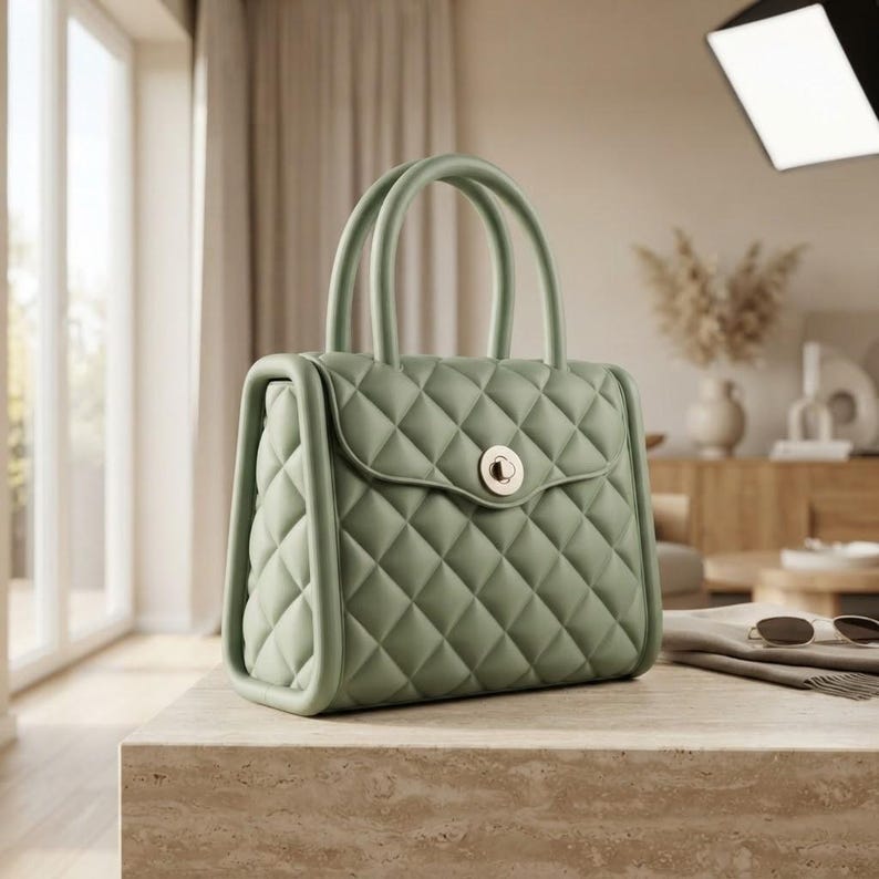 Puede incluir: Un bolso de mano color verde salvia con un patr&oacute;n de diamantes acolchado en el exterior, dos asas redondeadas y un cierre giratorio circular de tono dorado en la solapa frontal. El bolso tiene una estructura r&iacute;gida con acabado mate.