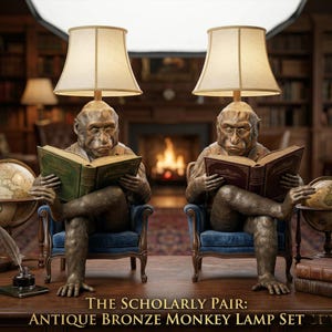 Puede incluir: Juego de lámparas de mono de bronce antiguo. Cada lámpara presenta una figura de mono sentado en una silla azul, con gafas y leyendo un libro. Las lámparas tienen pantallas beige. El texto dice: "THE SCHOLARLY PAIR: ANTIQUE BRONZE MONKEY LAMP SET."