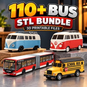 Puede incluir: Una colección digital de más de 110 archivos STL 3D imprimibles de autobuses que incluye modelos de una furgoneta azul y blanca, una furgoneta roja y blanca con símbolo de paz, un autobús urbano articulado Cityliner 9000 y un autobús escolar amarillo.