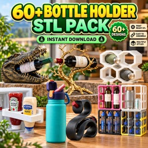 Puede incluir: Una colección digital de más de 60 archivos STL de soportes para botellas para impresión 3D, que incluye varios diseños como un soporte con forma de caimán, un expositor dorado tipo árbol, un estante de panal y organizadores modulares.