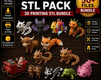50+ Flexi STL Pack, Articulated Cute Animal 3D Printer Files Bundle, Seasonal Dragon Fox Bat Reindeer Models, Digital Download
