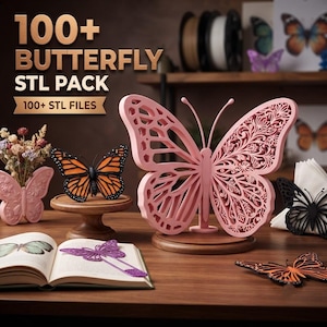 May include: A digital collection titled 100+ BUTTERFLY STL PACK 100+ STL FILES featuring various butterfly-themed items including a large pink laser-cut butterfly sculpture, a monarch butterfly figurine, and a purple butterfly bookmark.