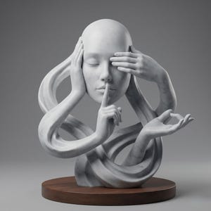 Könnte beinhalten: Eine weiße Marmorskulptur eines menschlichen Kopfes mit geschlossenen Augen und einem Finger auf den Lippen. Hände bedecken die Augen und Ohren, und eine andere Hand befindet sich in einer meditativen Pose. Die Skulptur steht auf einem runden Holzsockel.