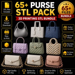 Puede incluir: Una colección digital de más de 65 archivos STL de bolsos para impresión 3D, que presenta varios diseños de bolsos con patrones acolchados, tejidos y geométricos en colores como gris, blanco, azul, lavanda, verde, beige y rosa con cadenas.