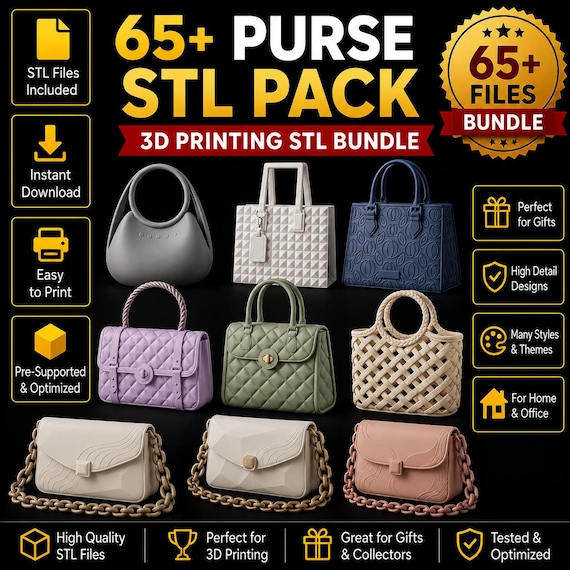 65+ Purse STL Pack, Handbag & Tote Bag 3D Printer Files Bundle, Printable Mini Bag Models, Fashion Accessory Digital Download