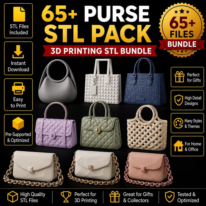 Puede incluir: Una colecci&oacute;n digital de m&aacute;s de 65 archivos STL de bolsos para impresi&oacute;n 3D, que presenta varios dise&ntilde;os de bolsos con patrones acolchados, tejidos y geom&eacute;tricos en colores como gris, blanco, azul, lavanda, verde, beige y rosa con cadenas.