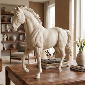 Peut inclure: Une statue de cheval cr&egrave;me avec une musculature d&eacute;taill&eacute;e se dresse sur une table en bois. La sculpture est une repr&eacute;sentation classique d'un cheval, avec une crini&egrave;re et une queue fluides. Un &eacute;l&eacute;ment de d&eacute;coration pour la maison.