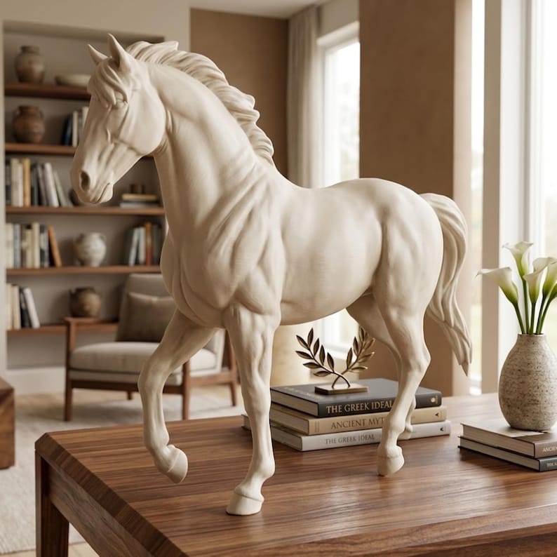 Peut inclure: Une statue de cheval cr&egrave;me avec une musculature d&eacute;taill&eacute;e se dresse sur une table en bois. La sculpture est une repr&eacute;sentation classique d'un cheval, avec une crini&egrave;re et une queue fluides. Un &eacute;l&eacute;ment de d&eacute;coration pour la maison.