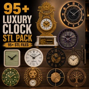 Puede incluir: Una colección de varios diseños de relojes que incluye un reloj de repisa dorado ornamentado, un reloj de pared con textura lunar, un reloj de llanta, un reloj de cabeza de león y un reloj con motivo de árbol. Se muestra el texto 95+ LUXURY CLOCK STL PACK 95+ STL FILES.