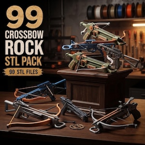 May include: A collection of 3D printed crossbow models in various colors including olive green, blue, and grey, displayed on a wooden surface. The text 99 CROSSBOW ROCK STL PACK 90 STL FILES is visible on the left side of the image.