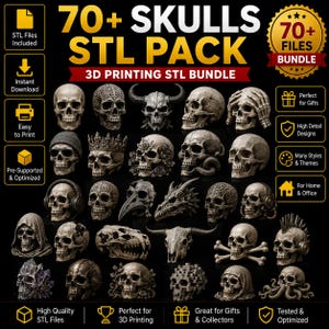 Puede incluir: Una colección digital de más de 70 archivos STL de cráneos para impresión 3D, con diversos diseños que incluyen calaveras con coronas, cuernos, flores, auriculares y tentáculos, sobre un fondo negro con texto e iconos dorados.