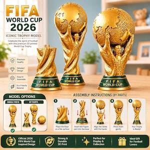 Pode incluir: Um modelo de troféu da Copa do Mundo da FIFA 2026 na cor dourada com um globo sustentado por uma figura sobre uma base verde. A imagem inclui instruções de montagem, etiquetas de texto e diagramas do troféu em peças únicas e múltiplas.