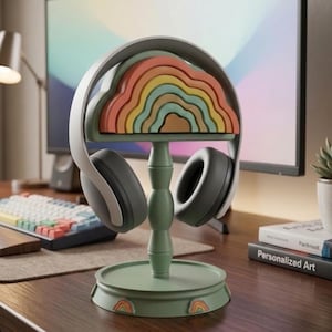 May include: A sage green headphone stand featuring a stacked, multi-colored rainbow arch design at the top. The stand has a central pillar and a circular base with small rainbow accents. A pair of grey over-ear headphones rests on the stand.
