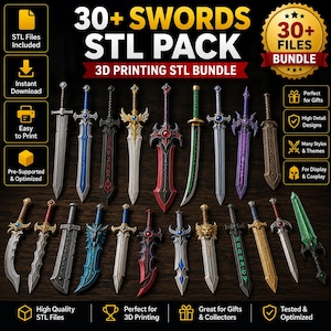 30+ Swords STL Pack, Fantasy Sword 3D Printer Files Bundle, Pixel Sword, Katana Prop, Cosplay Sword Models, Digital Download
