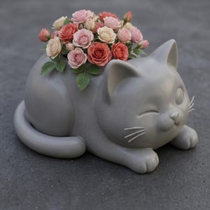 Può includere: Una fioriera grigia a forma di gatto riempita con un bouquet di rose nei toni del rosa, pesca e crema. Il gatto fa l'occhiolino e ha i baffi bianchi. Le rose sono circondate da foglie verdi.