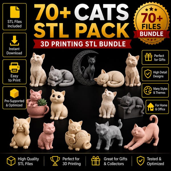 70+ katter STL-paket, söt katt 3D-skrivarfiler, kattfigur, kattdekor, näsdukshållare, garnskål, digital nedladdning