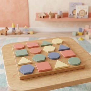 May include: A wooden puzzle board featuring sixteen geometric shapes in various colors including muted pink, sage green, pale yellow, and dusty blue. The shapes consist of circles, squares, triangles, and hexagons arranged in a grid on a flat base.