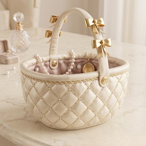 Puede incluir: Cesta acolchada color crema con detalles dorados, un asa adornada con lazos dorados y ribete de cuerda dorada. La cesta contiene joyas, incluyendo un collar de perlas, un colgante y un pendiente de diamante. Un objeto decorativo.
