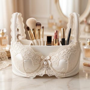 May include: A white ceramic makeup organizer shaped like a bra, adorned with lace and a pearl accent. The organizer holds makeup brushes, lipsticks, and other beauty products. The handles are also decorated with lace.