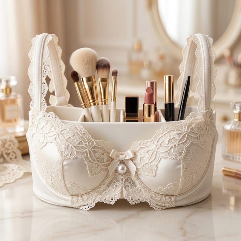 May include: A white ceramic makeup organizer shaped like a bra, adorned with lace and a pearl accent. The organizer holds makeup brushes, lipsticks, and other beauty products. The handles are also decorated with lace.