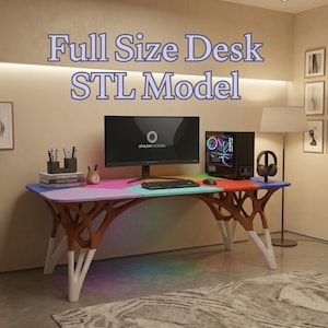 May include: A multi-colored full-size desk with a unique tree-branch-like design. The desk has a computer monitor, keyboard, and computer tower. The text "Full Size Desk STL Model" is displayed at the top of the image.