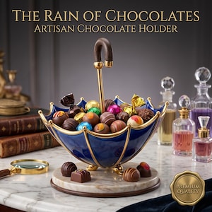 May include: A blue artisan chocolate holder shaped like an umbrella, filled with assorted chocolates. The holder has gold accents and a marble base. The text "THE RAIN OF CHOCOLATES ARTISAN CHOCOLATE HOLDER" is displayed at the top.