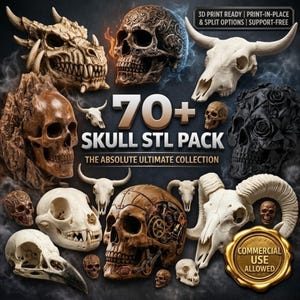Könnte beinhalten: Eine Sammlung verschiedener Schädeldesigns, darunter ein Drachenschädel, ein Schädel mit floralen Mustern und verschiedene Tierschädel. Der Text "70+ SKULL STL PACK" und "COMMERCIAL USE ALLOWED" ist ebenfalls enthalten.