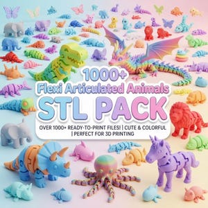 Könnte beinhalten: Eine Sammlung von 3D-gedruckten, beweglichen Tierfiguren in verschiedenen Pastellfarben, darunter ein Drache, ein Dinosaurier, ein Oktopus und ein Einhorn. Der Text lautet 1000+ Flexi Articulated Animals STL PACK, OVER 1000+ READY-TO-PRINT FILES! | CUTE & COLORFUL | PERFECT FOR 3D PRINTING.