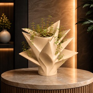 May include: A cream-colored, geometric planter with a starburst design, holding a small green plant. The planter sits on a marble-topped table. The plant has small green leaves and trailing vines. The background is a dark, neutral color.