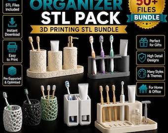50+ Toothbrush Organizer STL Pack, Bathroom Holder 3D Printer Files Bundle, Wall Mount, Countertop Cup, Digital Download