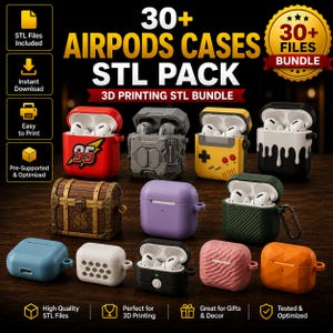Puede incluir: Una colección de más de 30 archivos STL digitales para impresión 3D de fundas para AirPods. La imagen muestra varios diseños, incluyendo una funda roja con un rayo 95, una funda mecánica gris, una funda de consola de juegos amarilla y una funda negra con gotas blancas.