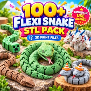 May include: A digital graphic displaying 100+ Flexi Snake STL Pack 3D Print Files with various articulated snake models, including a green snake, a brown snake, a multi-headed white dragon-like snake, and a grey snake wearing orange traffic cones.