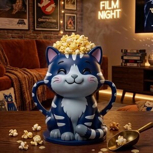 Pode incluir: Uma tigela de pipoca em forma de gato azul-escura e azul-clara com expressão sorridente, bochechas rosadas e duas alças curvas. A tigela está cheia de pipoca amarela e uma pá de metal dourado repousa sobre a mesa ao lado de pipocas espalhadas.