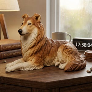 May include: A detailed figurine of a sable and white collie dog in a resting position. The dog has long, textured fur, a pointed snout with a black nose, and alert ears. The sculpture captures the canine with its front paws extended forward.