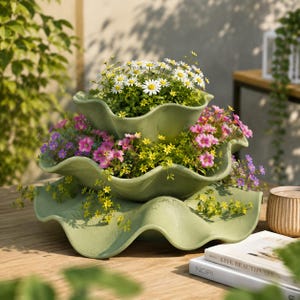 Könnte beinhalten: Ein dreistufiger, hellgrüner Keramik-Blumentopf gefüllt mit bunten Blumen. Der Pflanztopf hat ein wellenförmiges, gewelltes Design. Die Blumen umfassen weiße Gänseblümchen, rosa Petunien und gelbe und violette Blüten. Der Pflanztopf steht auf einem Holztisch.