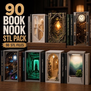Pacchetto di 90 file STL per angoli lettura, file per stampante 3D, inserti stampabili per libreria, diorama in miniatura, decorazioni fantasy per scaffali, download digitale