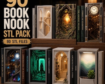 90 bokhörnor i STL-format, 3D-skrivarfiler, utskrivbar bokhyllinsats, miniatyrdiorama, digital nedladdning av fantasyhyllindekor