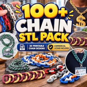 Peut inclure: Une collection numérique de plus de 100 fichiers STL de chaînes pour impression 3D, avec divers modèles en plastique rouge, blanc, bleu, orange, vert et doré. Le pack inclut une licence commerciale et montre des exemples de chaînes finies, dont un pendentif dollar et un cordon pour badge.