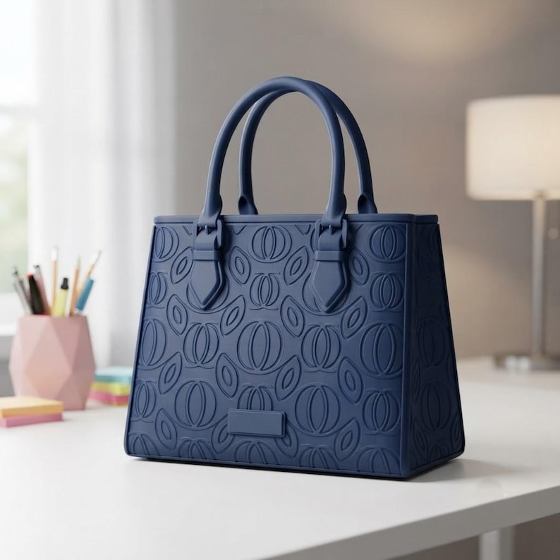 Puede incluir: Un bolso de mano azul marino estructurado con un patr&oacute;n en relieve repetitivo de formas circulares y de hojas. El bolso tiene dos asas superiores unidas con herrajes rectangulares y una peque&ntilde;a placa rectangular en la parte frontal inferior.