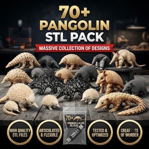 May include: A collection of 3D printed pangolin and echidna figurines in beige, black, and grey, featuring solid and geometric lattice designs. A clear plastic bag containing a USB drive labeled 70+ PANGOLIN & ALLIED STL FILES is in the center.