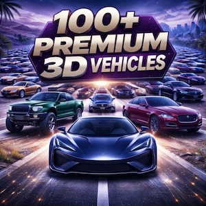 May include: A digital graphic featuring a dark blue sports car in the foreground, flanked by a green truck and a red sedan, with many other vehicles on a road. The text 100+ PREMIUM 3D VEHICLES is displayed in a large purple and gold banner above.