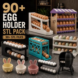 Puede incluir: Una colección de hueveras y soportes impresos en 3D con varios diseños, incluyendo estantes escalonados, un puesto de mercado en miniatura, un soporte con forma de parrilla y tres hueveras con forma de conejo. Texto 90+ EGG HOLDER STL PACK.